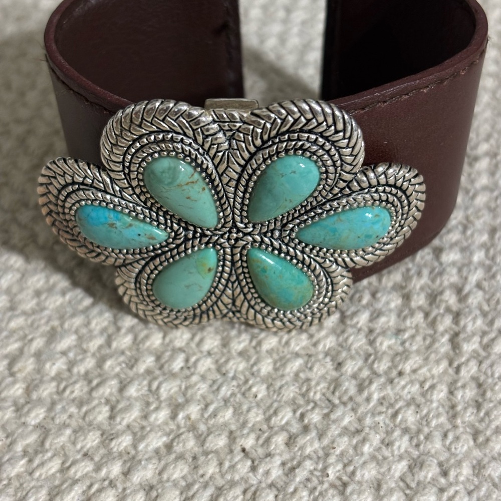 Barse Brown Leather Bracelet with Turquoise and Silver Flower
